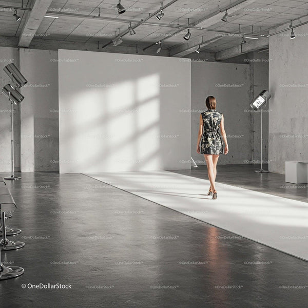 Fashion model walking runway in industrial photo studio JPG Mockup Image