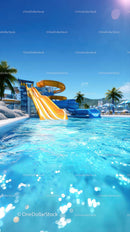 Bright Water Slide and Pool Scene at Tropical Resort