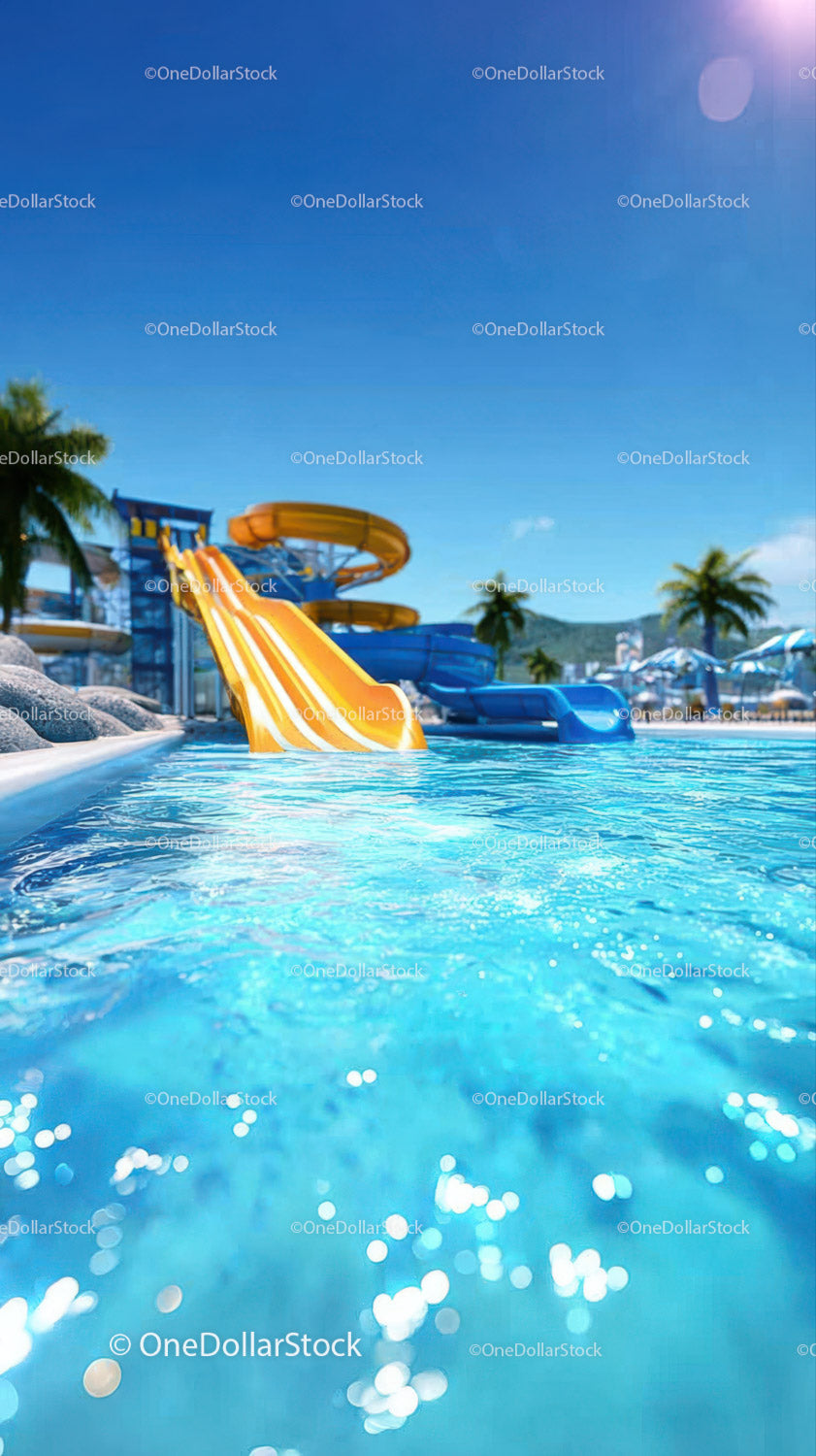 Bright Water Slide and Pool Scene at Tropical Resort