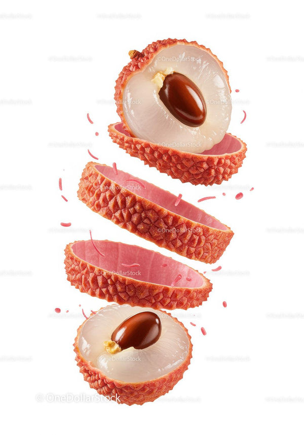Fresh lychee fruit sliced open revealing seeds
