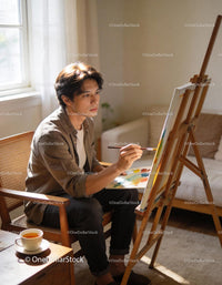 Thoughtful artist painting with natural light at home