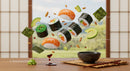 Fresh sushi rolls and ingredients floating in air