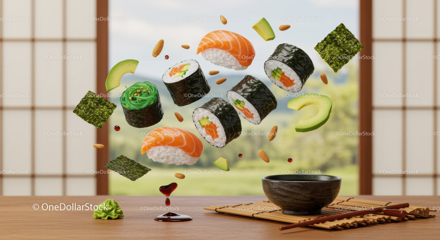 Fresh sushi rolls and ingredients floating in air