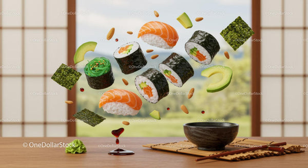 Świeże rolki sushi i składniki unoszące się w powietrzu