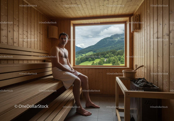Man Relaxing in Wooden Sauna with Scenic Mountain View