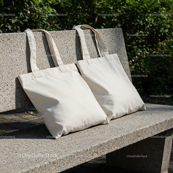 Blank Canvas Tote Bags Resting on Outdoor Stone Bench JPG Mockup Image