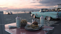 Beachside Vintage Car Scene with Milkshakes and Burger at Sunset
