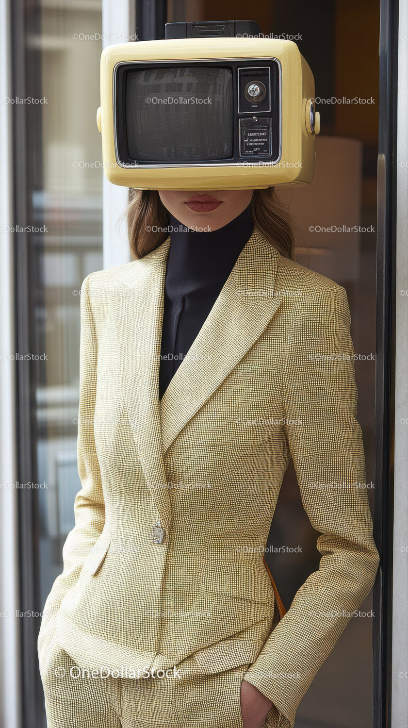 Stylish Woman in Suit with Retro Television Head in Urban Setting