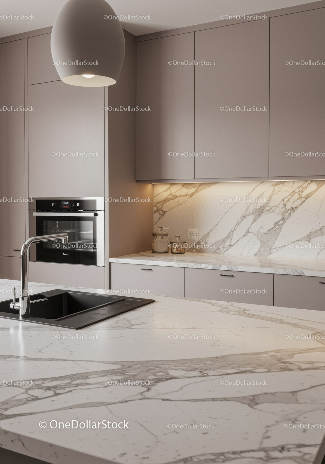 Contemporary Kitchen with Marble Countertops and Gray Cabinets