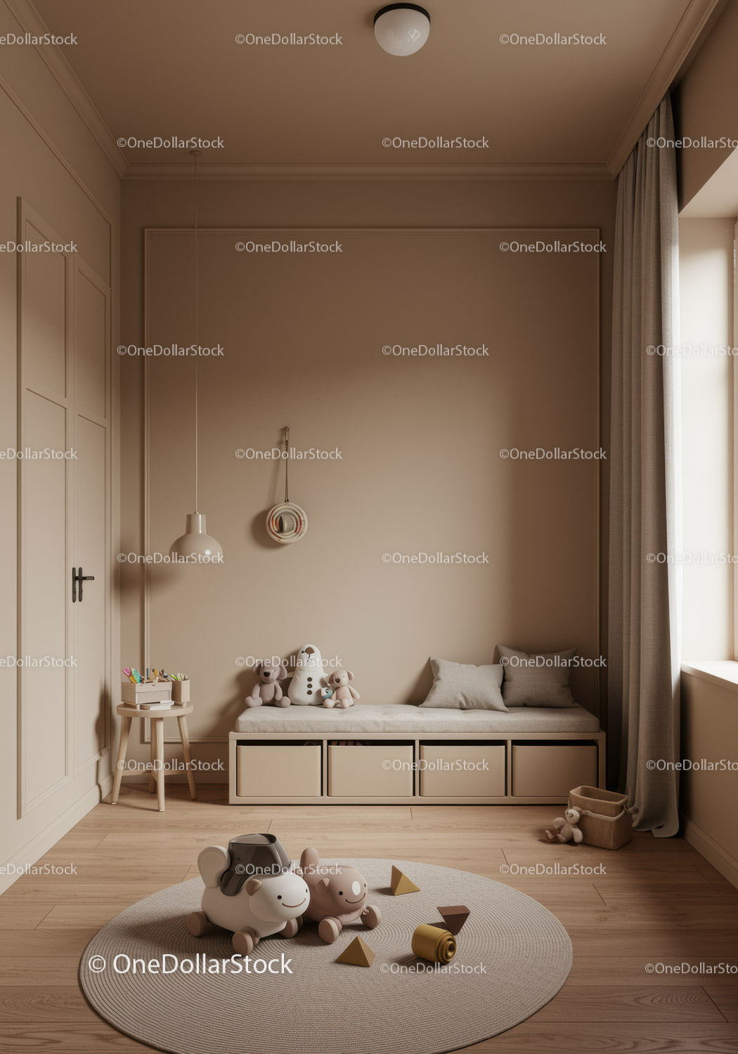 Cozy Kid's Nursery with Plush Toys and Natural Light in Soft Beige