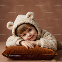 Toddler in Cozy Bear Hoodie Relaxing on Velvet Pillow