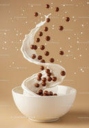 Chocolate cereal balls splashing in creamy milk swirl