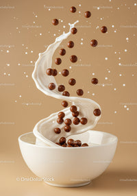 Chocolate cereal balls splashing in creamy milk swirl