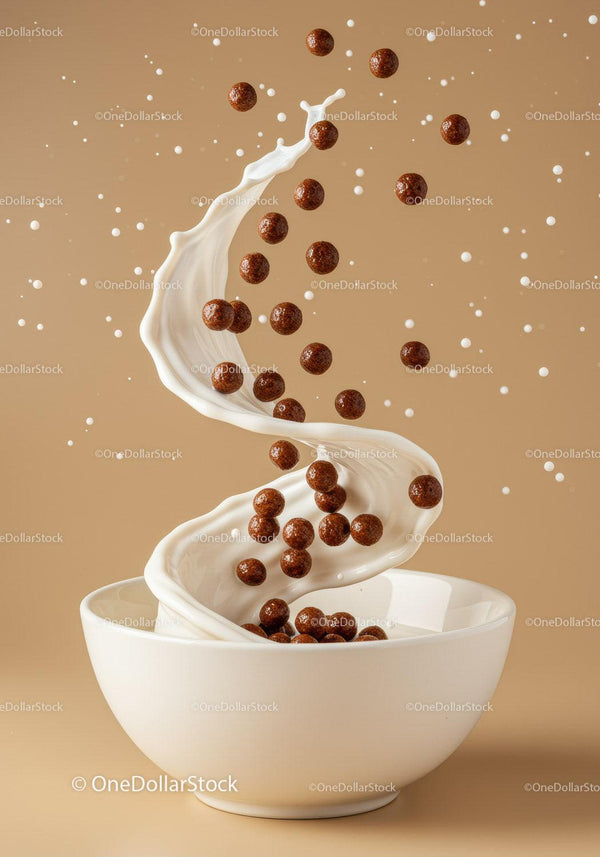 Chocolate cereal balls splashing in creamy milk swirl