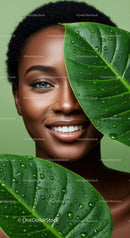 Vibrant African Woman with Green Foliage and Water Droplets