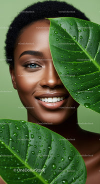 Vibrant African Woman with Green Foliage and Water Droplets