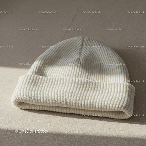 Soft White Knitted Beanie Hat on Neutral Fabric JPG Mockup Image