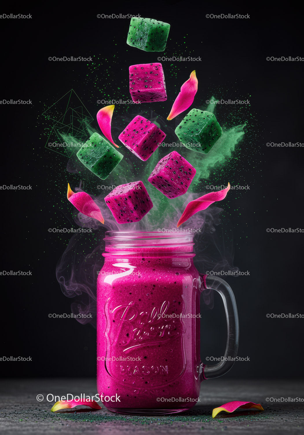Vibrant Dragon Fruit Smoothie with Flying Cubes and Petals
