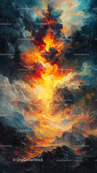 Dramatic Mountain Landscape with Fiery Sunset and Cloudy Sky