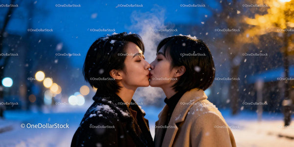 Couple sharing a tender kiss on snowy winter evening