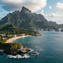 Scenic Mountain Coastline with Overwater Bungalows and Tropical Beach