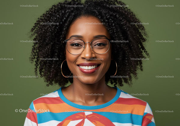 Smiling woman with curly hair wearing large hoop earrings and colorful striped shirt