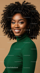 Vibrant African American Woman with Curly Hair Smiling in Green Turtleneck