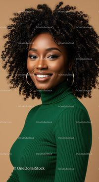 Vibrant African American Woman with Curly Hair Smiling in Green Turtleneck