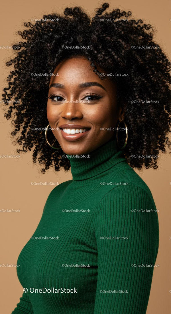 Vibrant African American Woman with Curly Hair Smiling in Green Turtleneck