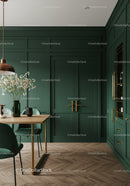 Elegant Green Kitchen Interior with Gold Accents and Wooden Floor