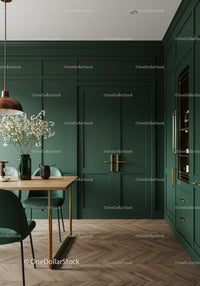 Elegant Green Kitchen Interior with Gold Accents and Wooden Floor