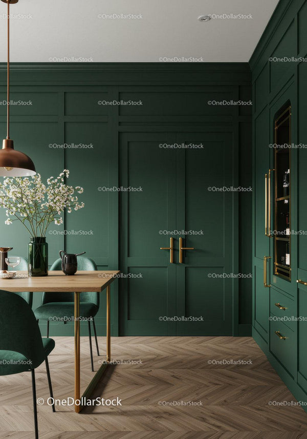Elegant Green Kitchen Interior with Gold Accents and Wooden Floor