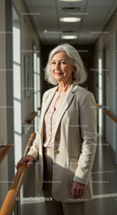 Elegant Senior Woman Standing in Office Corridor with Natural Light