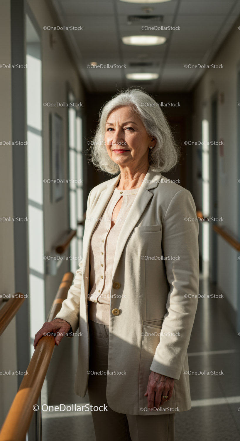 Elegant Senior Woman Standing in Office Corridor with Natural Light