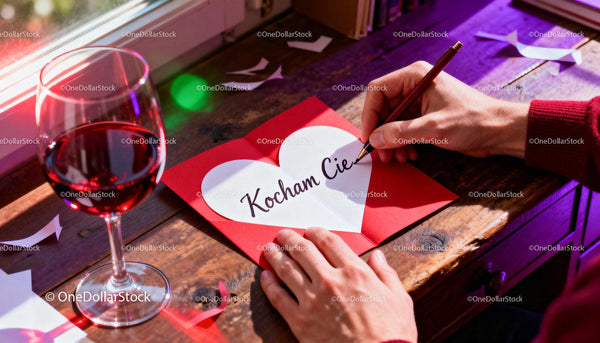 Writing a Romantic Valentine Card Next to a Glass of Red Wine