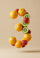 Number three made of fresh vibrant fruits floating