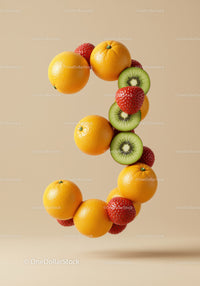 Number three made of fresh vibrant fruits floating