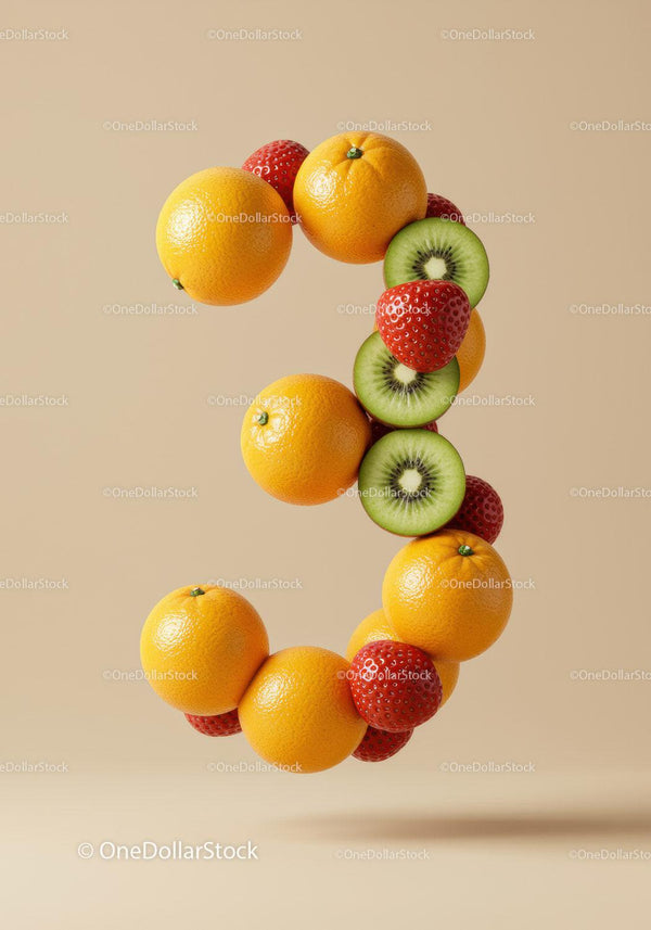 Number three made of fresh vibrant fruits floating