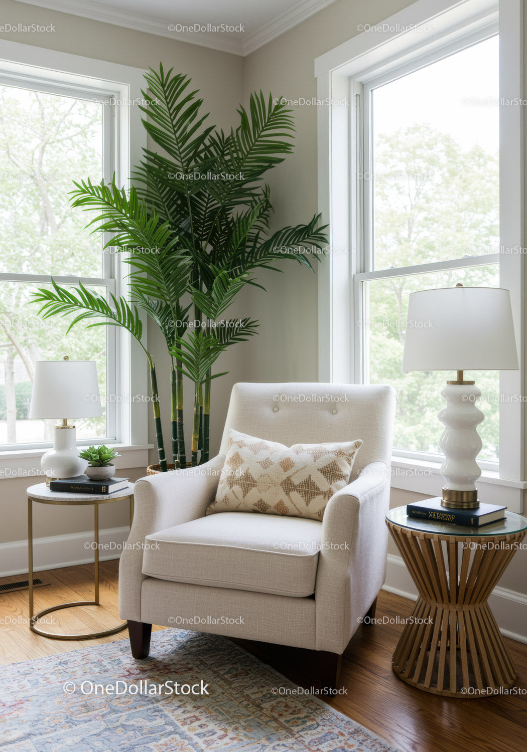 Stylish Living Room with Large Green Houseplant and Cozy Armchair