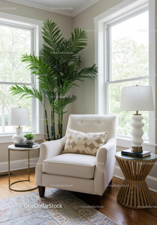Stylish Living Room with Large Green Houseplant and Cozy Armchair