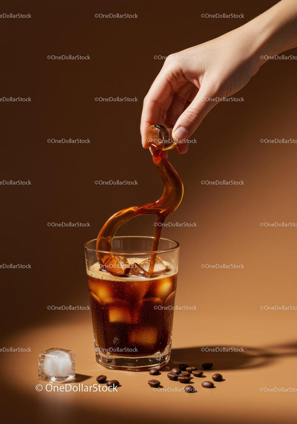Pouring Cold Brew Coffee Over Ice Cubes in Glass
