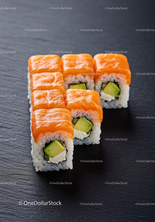 Fresh salmon avocado sushi rolls on black slate