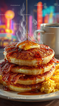 Stack of Fluffy Pancakes with Melted Butter and Syrup