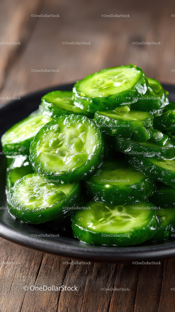 Freshly Sliced Organic Cucumbers on Rustic Plate