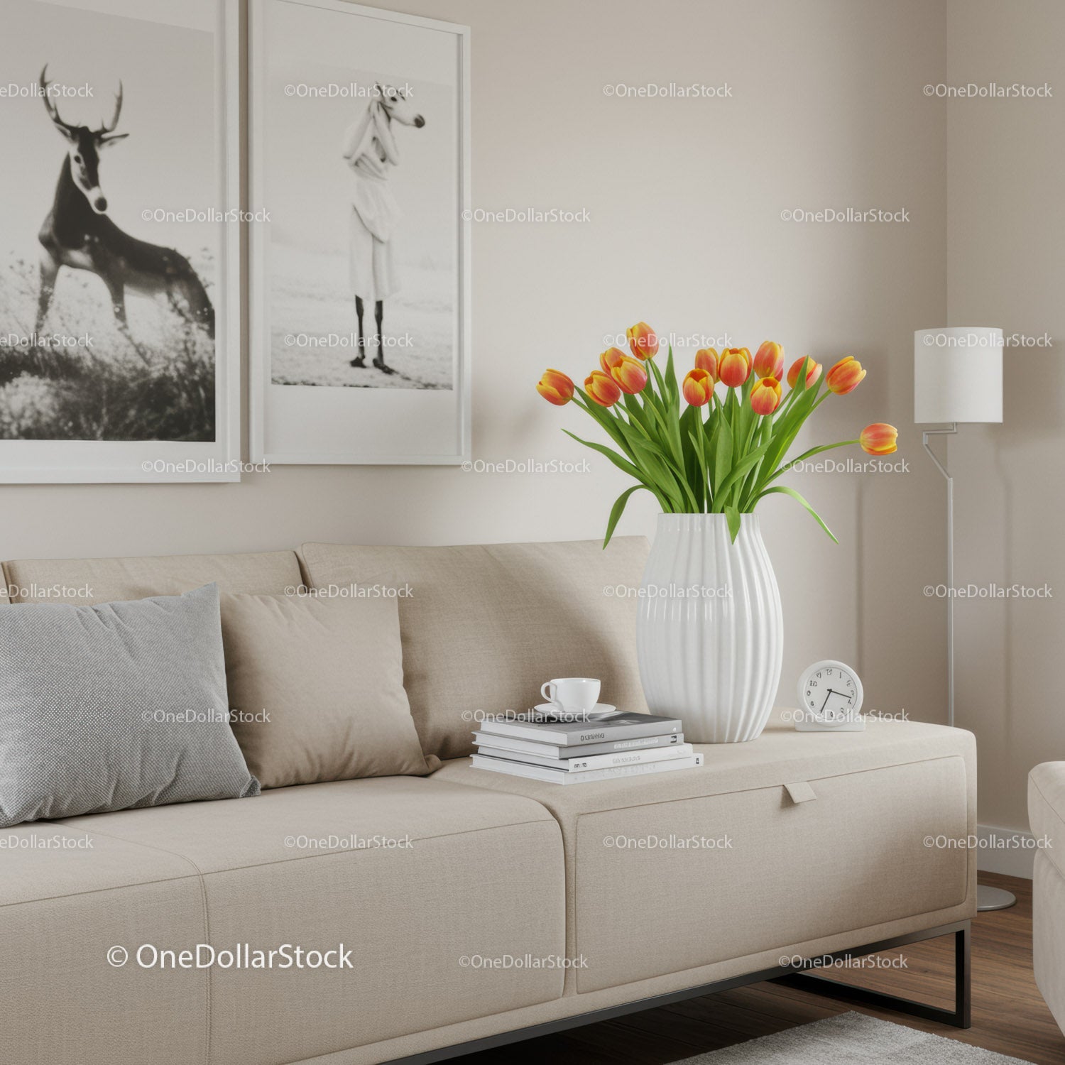 Elegant Living Room Scene with Bright Tulips and Modern Decor