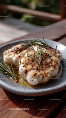 Roasted Garlic Cloves with Rosemary on Rustic Wooden Table