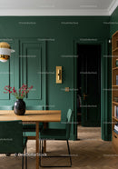 Elegant Green Wall Dining Room with Wooden Table and Stylish Decor