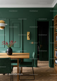 Elegant Green Wall Dining Room with Wooden Table and Stylish Decor