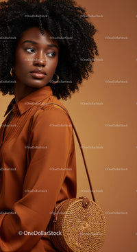 Elegant Woman with Curly Hair Wearing a Brown Blouse and Round Woven Bag