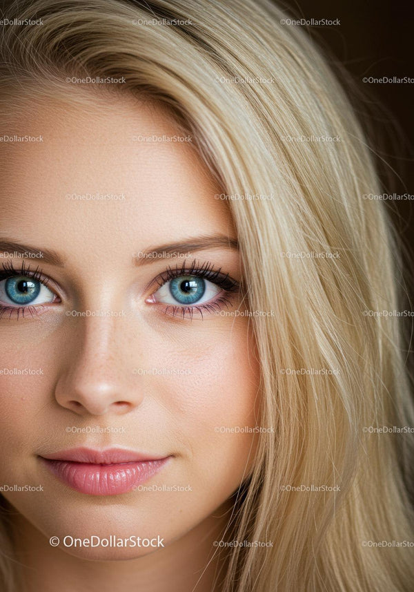 Zbliżenie na młodą kobietę o niebieskich oczach i blond włosach